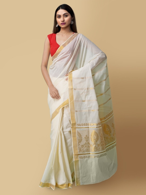 

Unnati Silks Women Cream-Coloured Pure Cotton Woven Designed Kerala Kasavu Saree