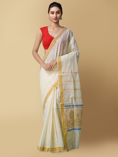 

Unnati Silks Women Off-White Pure Cotton Woven Designed Kerala Kasavu Saree