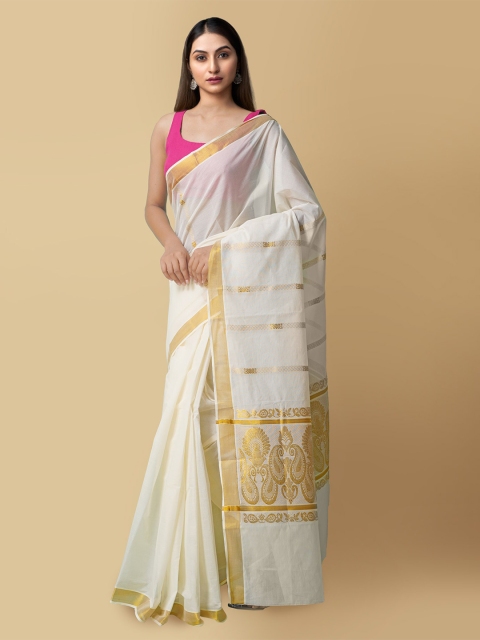

Unnati Silks Women Off-White Pure Cotton Woven Designed Kerala Kasavu Saree