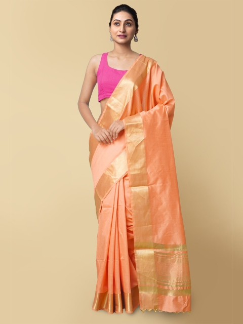 

Unnati Silks Women Orange & Gold-Toned Woven Designed Kerala Kasavu Saree