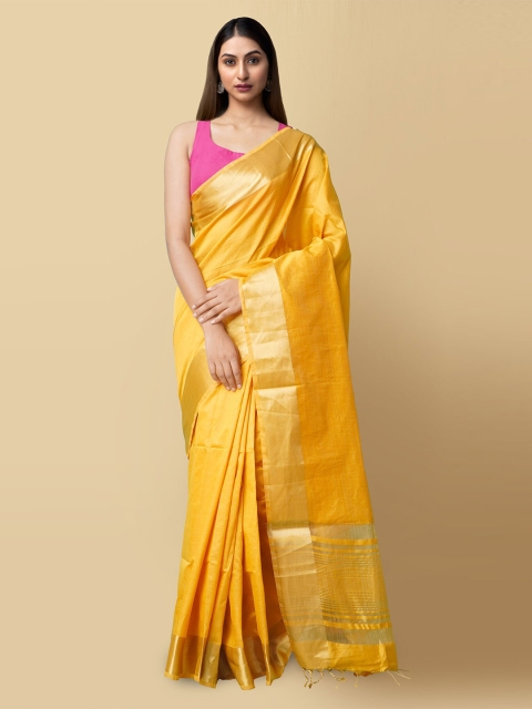 

Unnati Silks Women Yellow & Gold-Toned Woven Designed Kerala Kasavu Saree