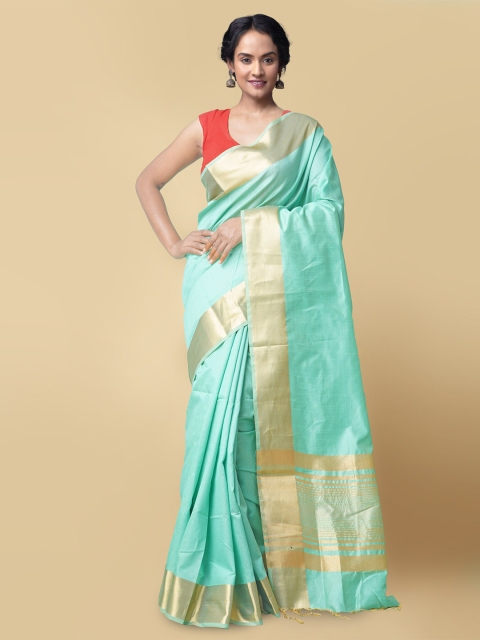 

Unnati Silks Women Light Green & Gold-Toned Woven Designed Kerala Kasavu Saree