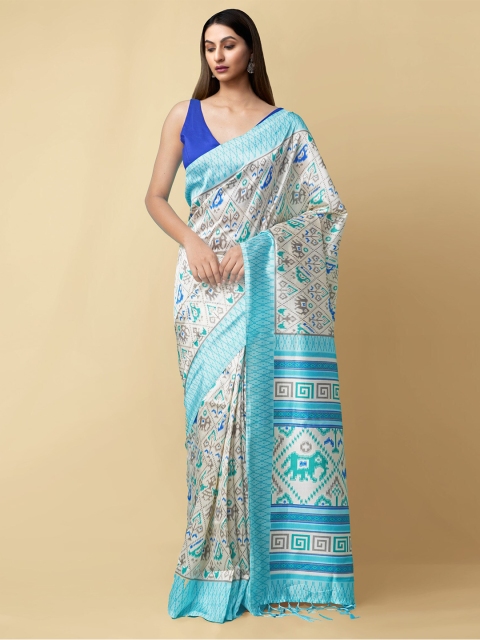 

Unnati Silks Women Off-White & Blue Printed Patola Saree