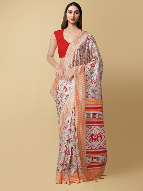 

Unnati Silks Women Off-White & Blue Printed Patola Saree