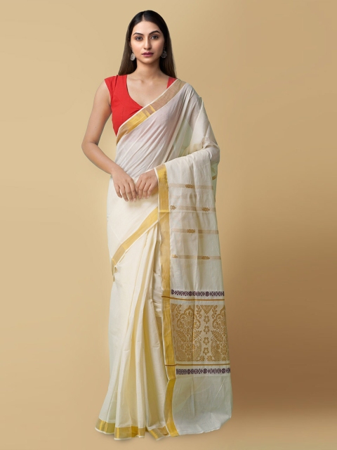 

Unnati Silks Women Off-White Pure Cotton Woven Designed Kerala Kasavu Saree
