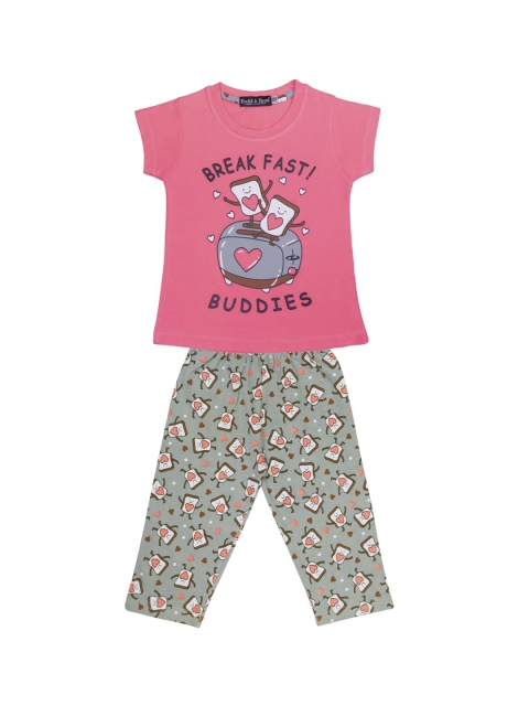 

Todd N Teen Girls Pink & Grey Graphic Printed Pure Cotton Night Suit