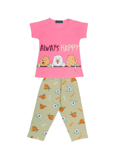 

Todd N Teen Girls Pink & Beige Graphic Printed Pure Cotton Night Suit