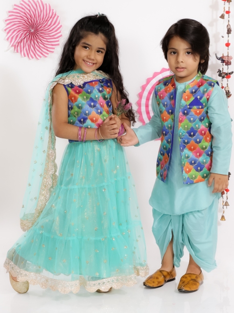 

Lil Peacock Girls Turquoise Blue Sequinned Lehenga & Blouse With Dupatta