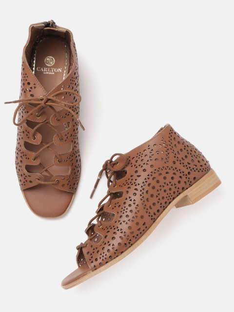 

Carlton London Women Brown Laser Cut Leather Shoe-Style Open Toe Flats