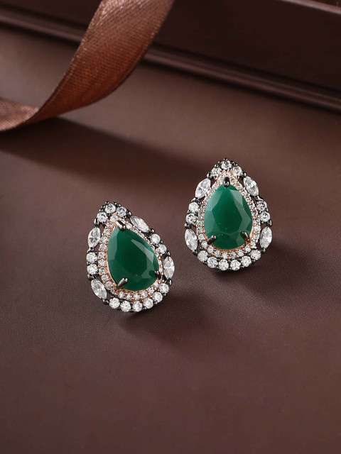 

Tistabene Rhodium-Plated Green & Silver-Toned Teardrop Shaped Studs