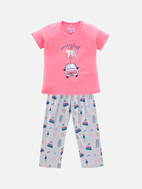 

Nite Flite Kids-Girls Pink & Grey Printed Pure Cotton Night Suit