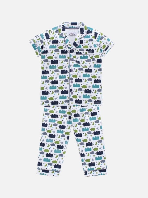 

Nite Flite Unisex Kids Off White & Navy Blue Printed Night Suit