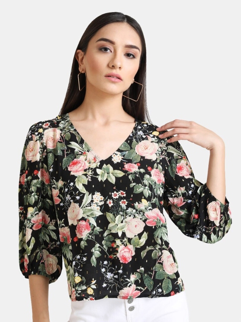 

Kazo Women Black & Green Floral Puff Sleeve Tropical Regular Top