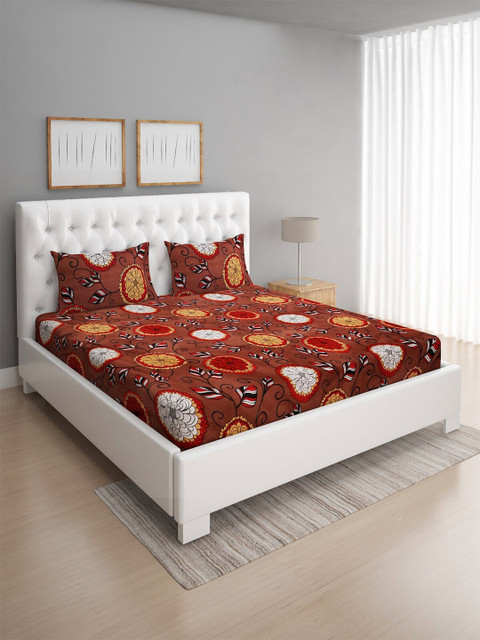 

ROMEE Brown & Red Floral Printed 144 TC Cotton Queen Bedsheet with 2 Pillow Covers