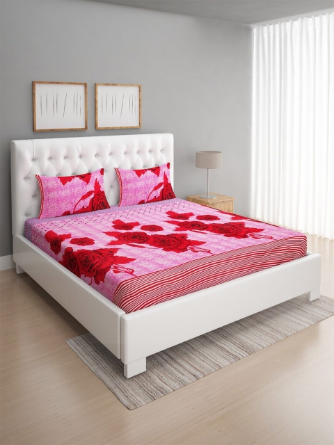 

ROMEE Pink & Red Floral 144 TC Queen Bedsheet with 2 Pillow Covers