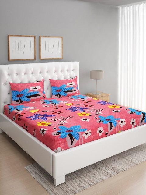 

ROMEE Pink & Turquoise Blue Floral 144 TC Queen Bedsheet with 2 Pillow Covers