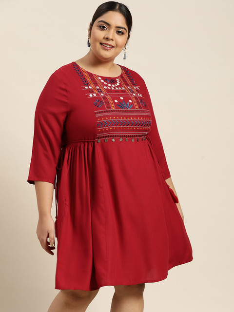 

Sztori Plus Size Maroon & Blue Ethnic Motifs Embroidered Ethnic EcoVero A-Line Dress