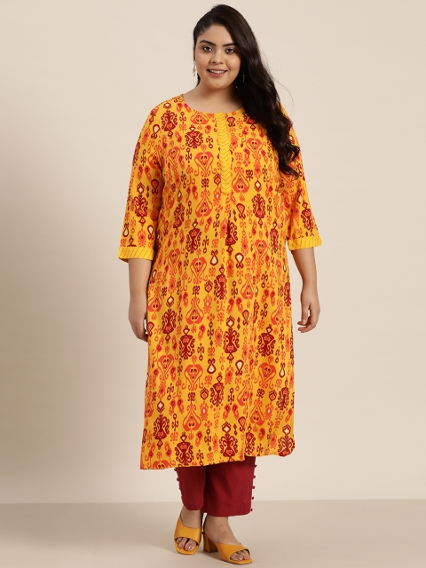 

Sztori Plus Size Women Yellow & Maroon Ecovero Ethnic Motifs Printed Kurta