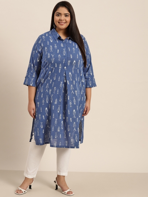 

Sztori Women Plus Size Blue & Off White Pure Cotton Printed Kurta