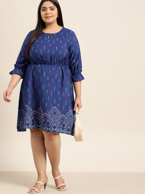 

Sztori Plus Size Blue & Pink Printed Keyhole Neck A-Line Dress with Elasticated Waist, Navy blue