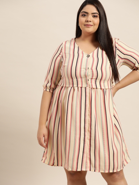 

Sztori Plus Size Peach-Coloured & Pink Striped A-Line Dress with Side Pockets