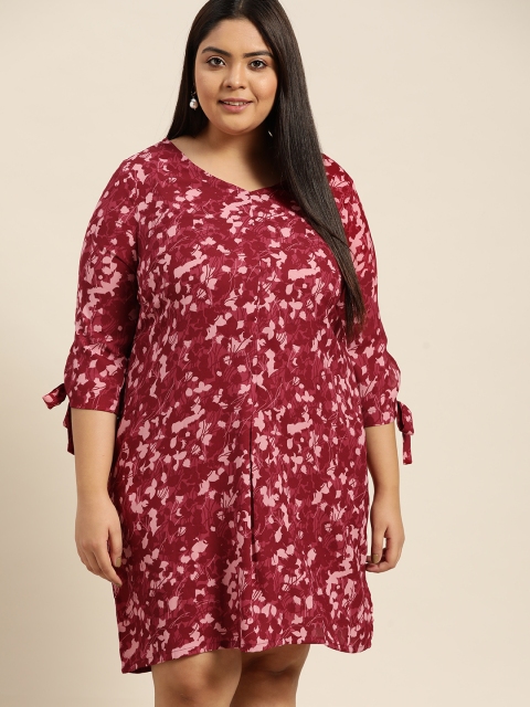 

Sztori Plus Size Burgundy & Pink Floral Print A-Line Dress