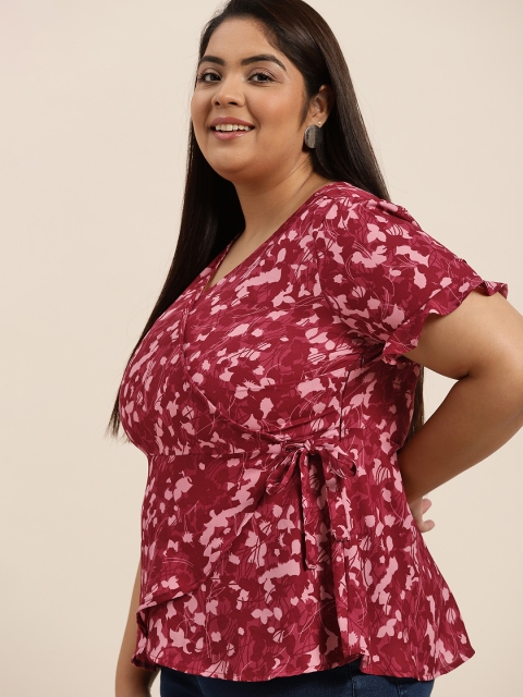 

Sztori Plus Size Maroon & Pink Floral Printed Wrap Top