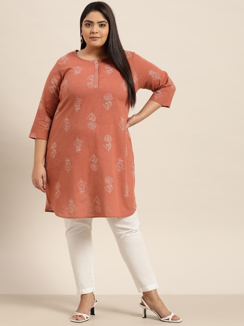 

Sztori Women Plus Size Rust Brown Floral Printed Pure Cotton Kurta