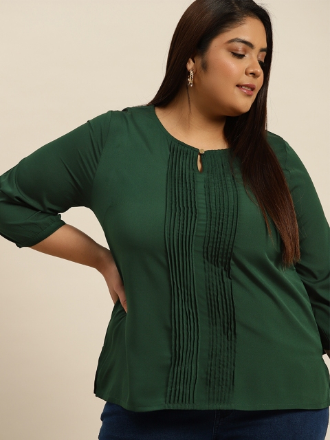 

Sztori Plus Size Green Solid Keyhole Neck Regular Top