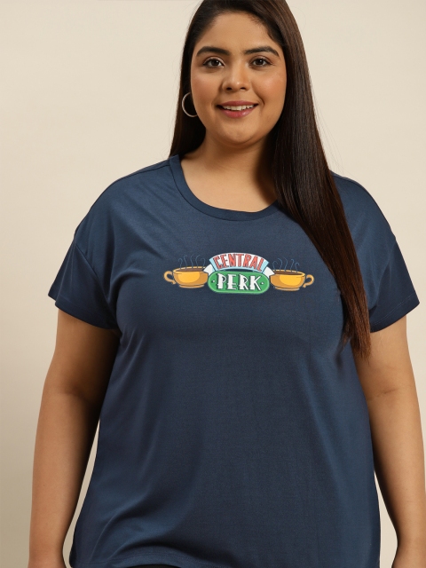 

F R I E N D S By Sztori Women Plus Size Navy Blue & Yellow Printed T-shirt