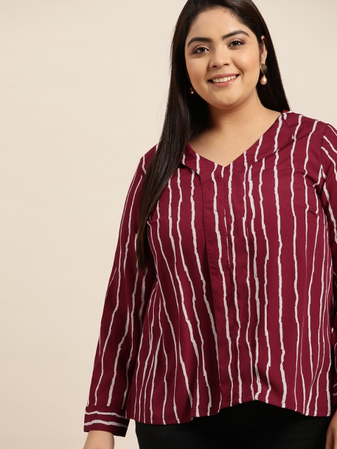 

Sztori Plus Size Maroon Striped Regular Top
