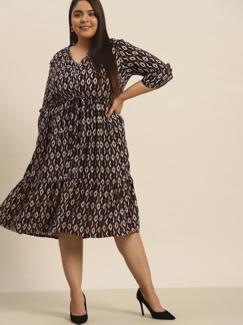 

Sztori Women Plus Size Navy & Beige Geometric Print Dress, Navy blue