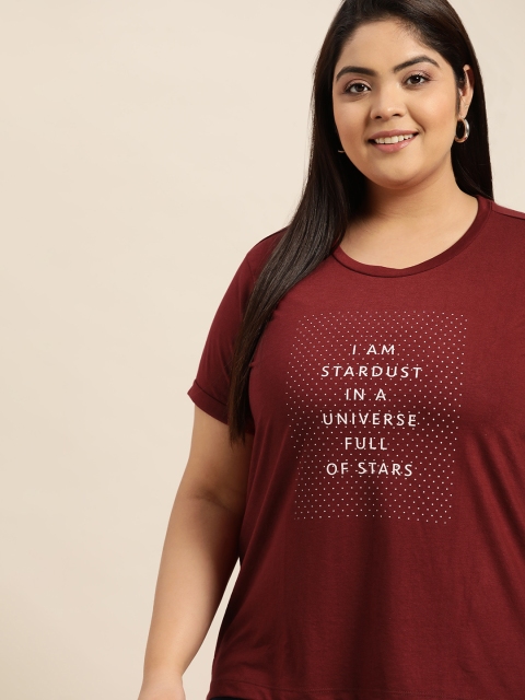 

Sztori Women Plus Size Maroon & Pink Typography Printed T-shirt