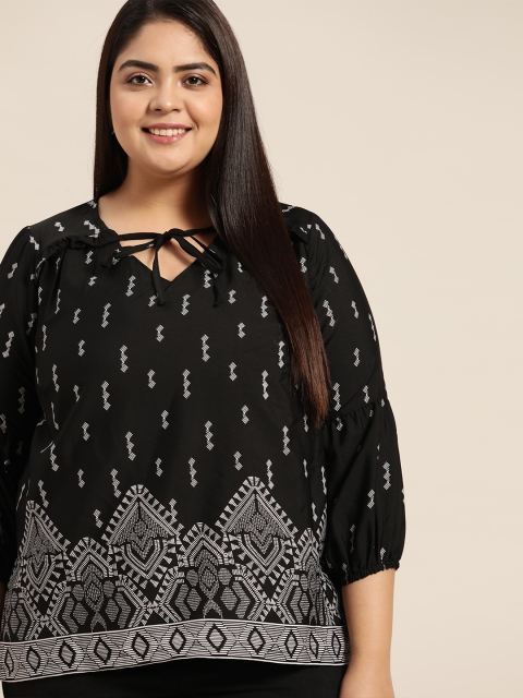 

Sztori Plus Size Black & White Printed Tie-Up Neck Top