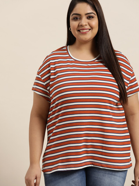 

Sztori Women Plus Size Red & White Striped T-shirt