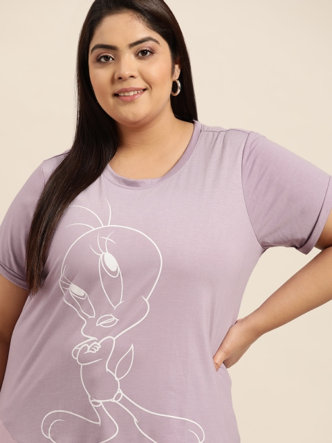 

Looney Tunes By Sztori Women Plus Size Lavender & White Tweety Printed T-shirt