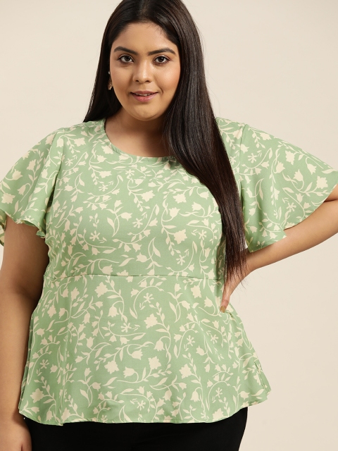 

Sztori Plus Size Green & Off White Floral Print A-Line Top
