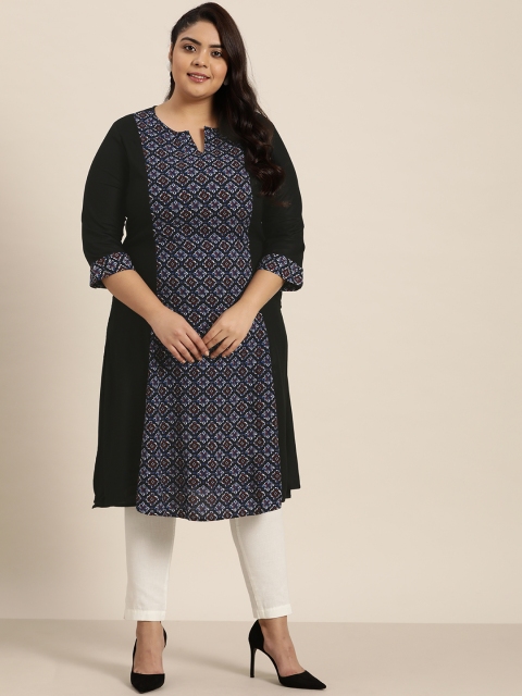 

Sztori Women Plus Size Black & Off White Ecovero Ethnic Motifs Printed Kurta
