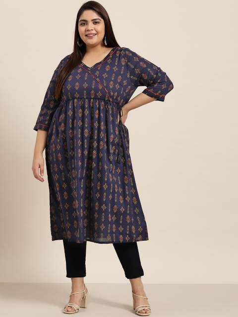 

Sztori Plus Size Women Navy Blue & Red Pure Cotton Ethnic Motifs Printed A-Line Kurta