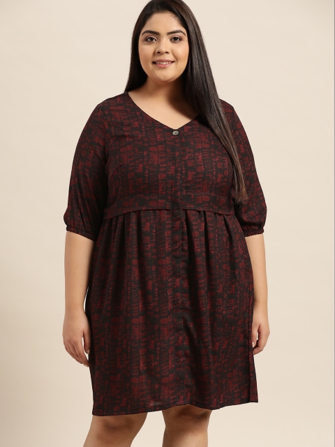 

Sztori Plus Size Black & Maroon Printed Pleated A-Line Dress with Side Pockets