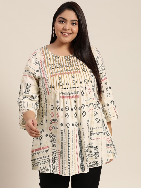 

Sztori Plus Size Off White & Black Ecovero Geometric Printed Kurti