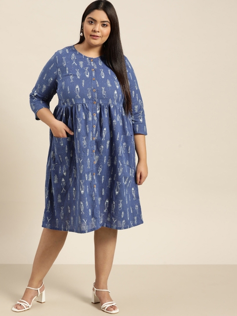 

Sztori Plus Size Blue & White Conversational Print Slub Pure Cotton A-Line Dress
