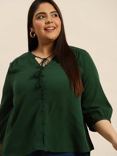 

Sztori Women Plus Size Green Solid Opaque Casual Shirt