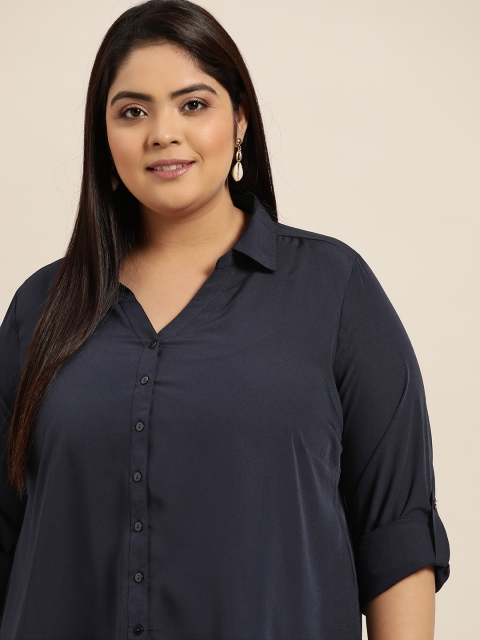 

Sztori Women Plus Size Navy Blue Opaque Casual Shirt