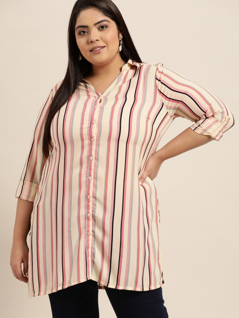 

Sztori Women Plus Size Beige Opaque Striped Casual Shirt, Cream