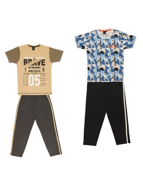 

Todd N Teen Boys Pack Of 2 Beige & Multicoloured Printed T-shirt with Trousers