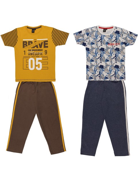 

Todd N Teen Boys Pack Of 2 Multicoloured & Mustard Printed T-shirt with Trousers, Multi