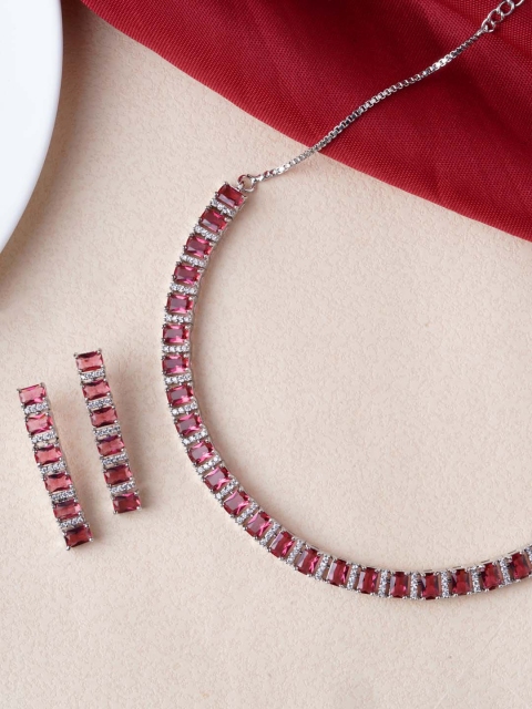 

Tistabene Rhodium-Plated Silver-Toned & Pink Stone-Studded Necklace Set