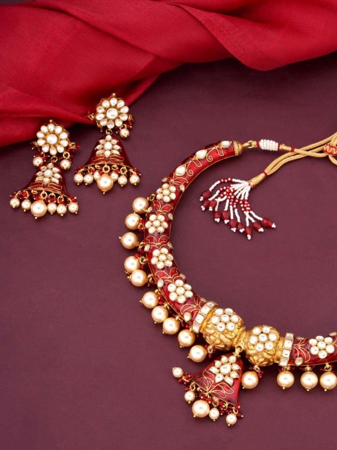 

Tistabene Maroon-White Kundan-Studded & Beaded Floral Enamelled Traditional Necklace Set, Gold