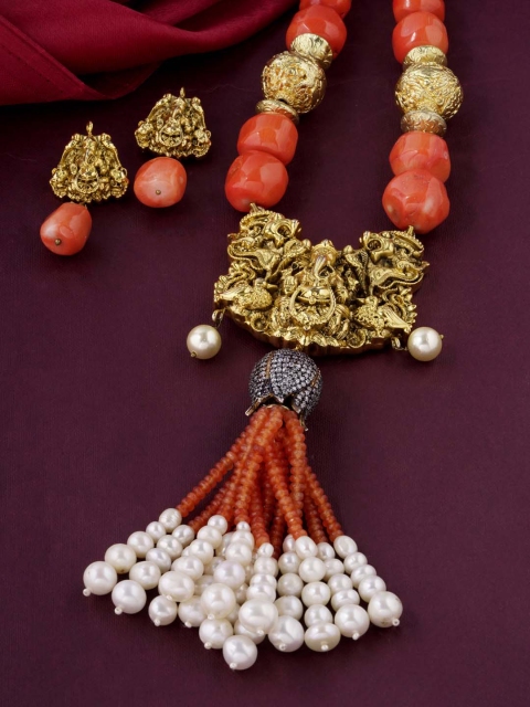 

Tistabene Gold-Plated Orange & Off White Beaded Traditional Necklace Set